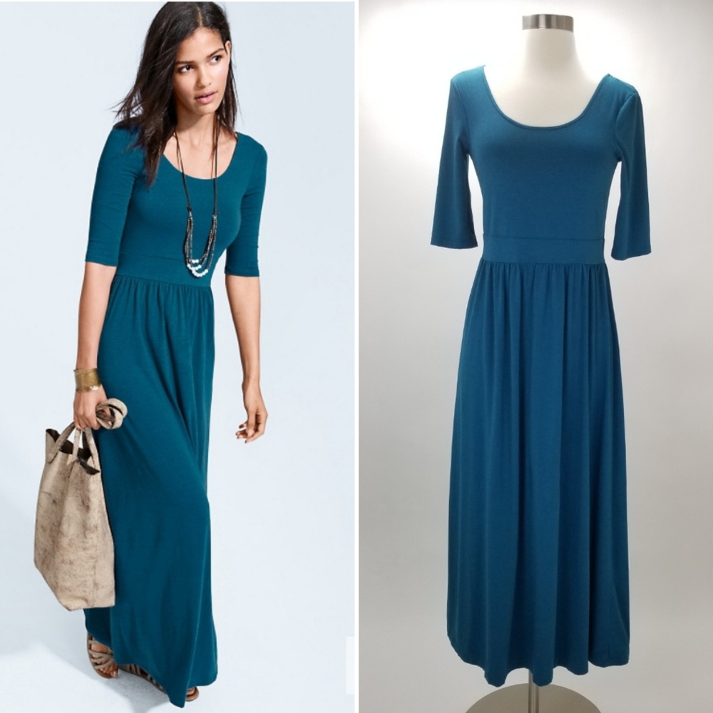 Garnet Hill Maxi Dress Elbow-Sleeve Scoop Neck